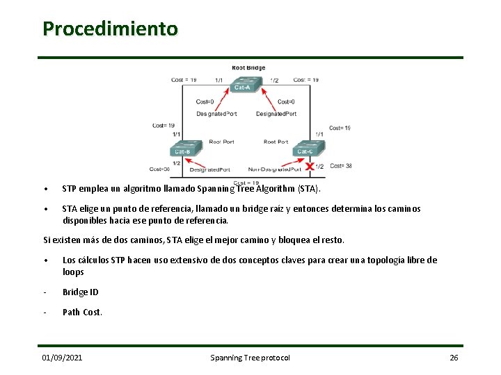 Procedimiento • STP emplea un algoritmo llamado Spanning Tree Algorithm (STA). • STA elige