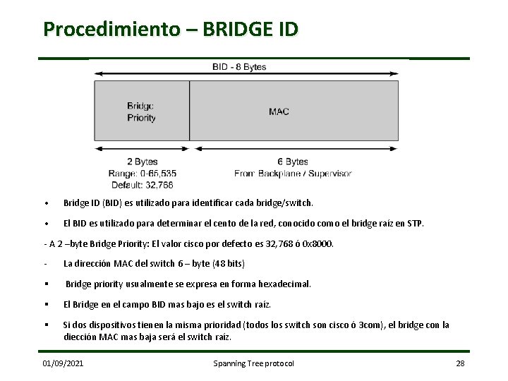 Procedimiento – BRIDGE ID • Bridge ID (BID) es utilizado para identificar cada bridge/switch.