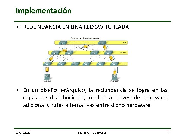 Implementación • REDUNDANCIA EN UNA RED SWITCHEADA • En un diseño jerárquico, la redundancia
