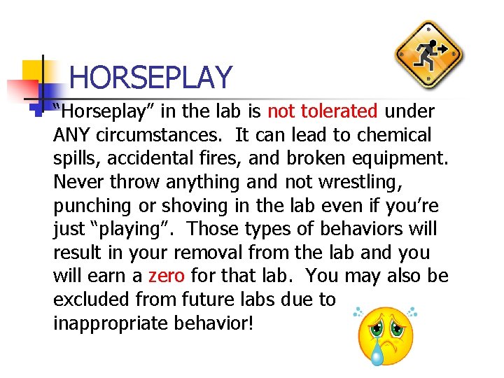 HORSEPLAY n “Horseplay” in the lab is not tolerated under ANY circumstances. It can