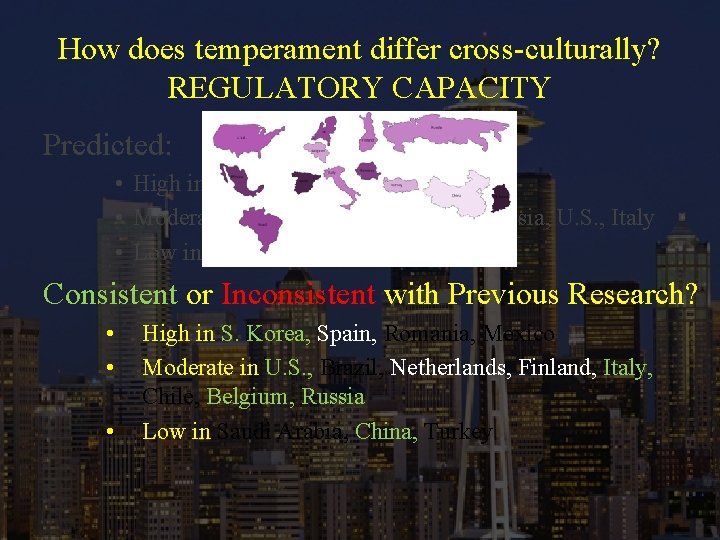 How does temperament differ cross-culturally? REGULATORY CAPACITY Predicted: • High in Netherlands, Finland, S.