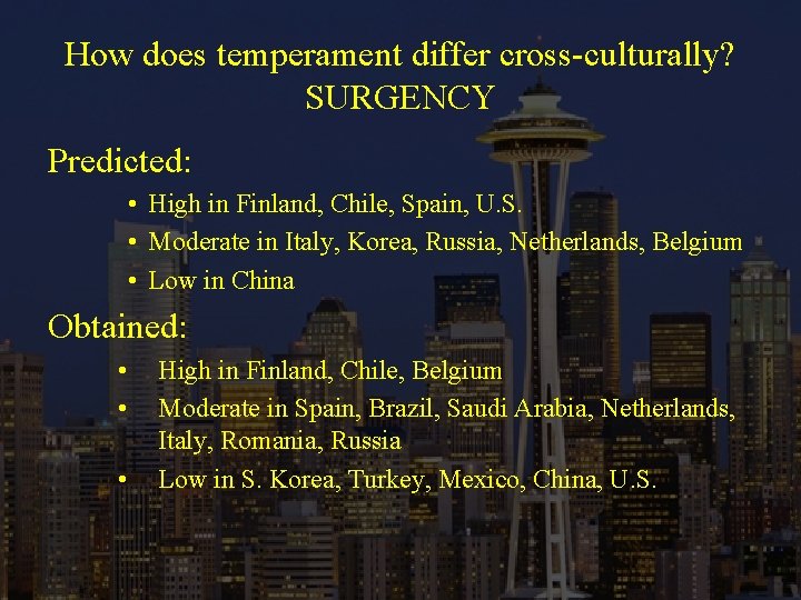 How does temperament differ cross-culturally? SURGENCY Predicted: • High in Finland, Chile, Spain, U.
