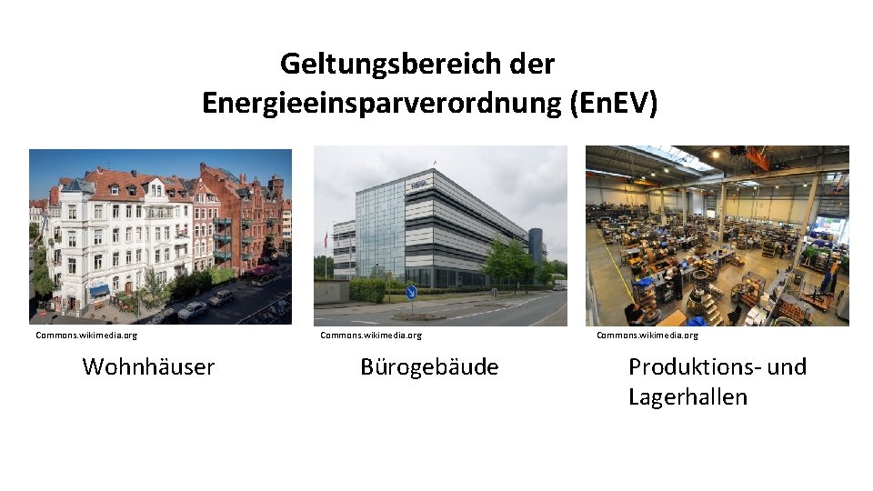 Geltungsbereich der Energieeinsparverordnung (En. EV) Commons. wikimedia. org Wohnhäuser Commons. wikimedia. org Bürogebäude Commons.