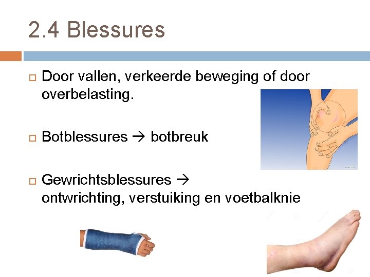 2. 4 Blessures Door vallen, verkeerde beweging of door overbelasting. Botblessures botbreuk Gewrichtsblessures ontwrichting,