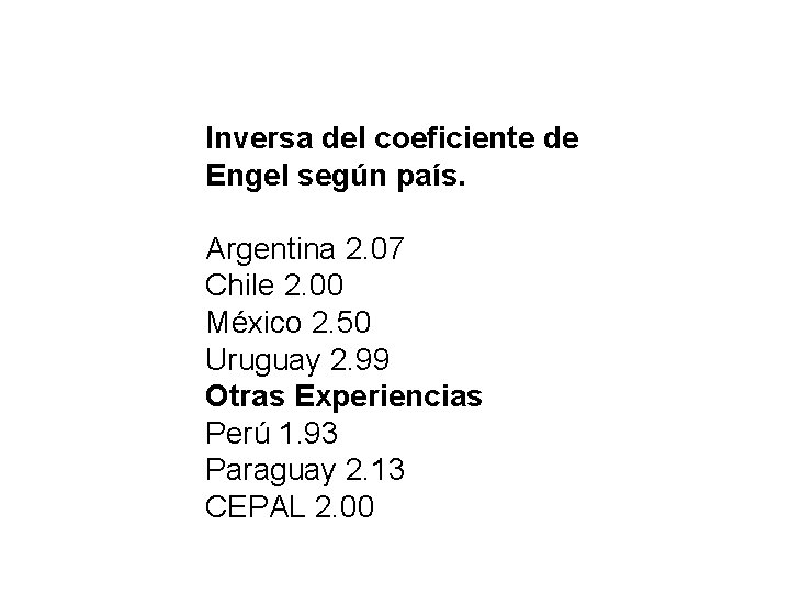 Inversa del coeficiente de Engel según país. Argentina 2. 07 Chile 2. 00 México