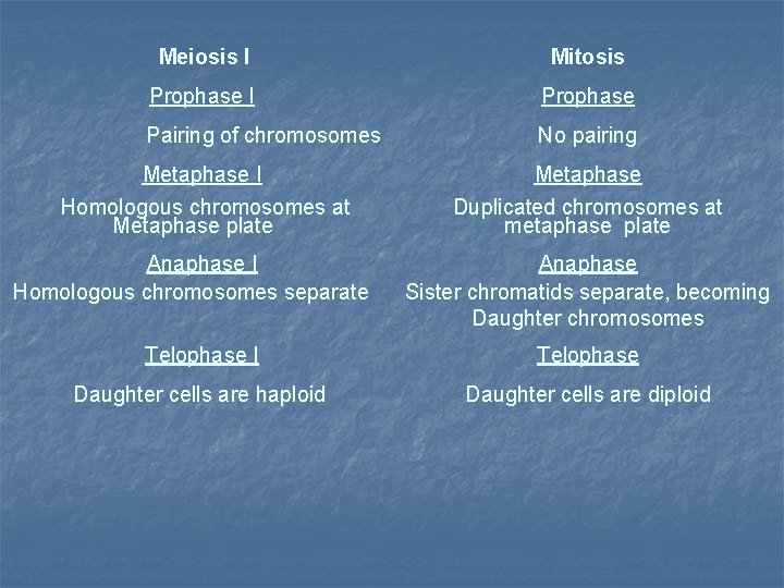 Meiosis I Mitosis Prophase I Prophase Pairing of chromosomes No pairing Metaphase I Metaphase