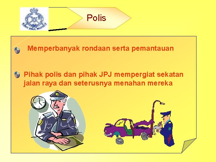 Polis Memperbanyak rondaan serta pemantauan Pihak polis dan pihak JPJ mempergiat sekatan jalan raya