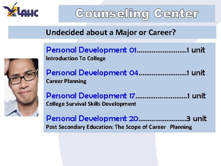 Counseling Center Undecided about a Major or Career? Personal Development 01…………… 1 unit Introduction