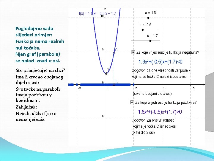 Pogledajmo sada slijedeći primjer: Funkcija nema realnih nul-točaka. Njen graf (parabola) se nalazi iznad