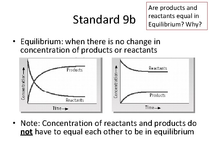 Standard 9 b Are products and reactants equal in Equilibrium? Why? • Equilibrium: when