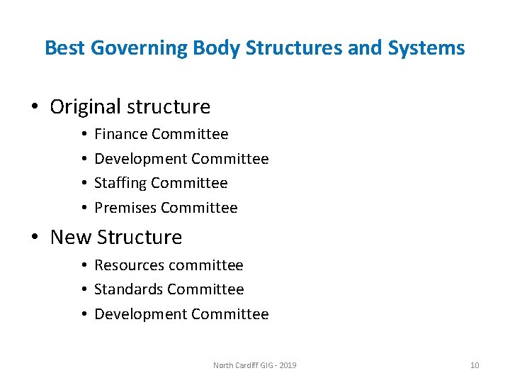 Best Governing Body Structures and Systems • Original structure • • Finance Committee Development