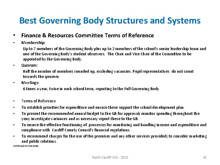 Best Governing Body Structures and Systems • Finance & Resources Committee Terms of Reference
