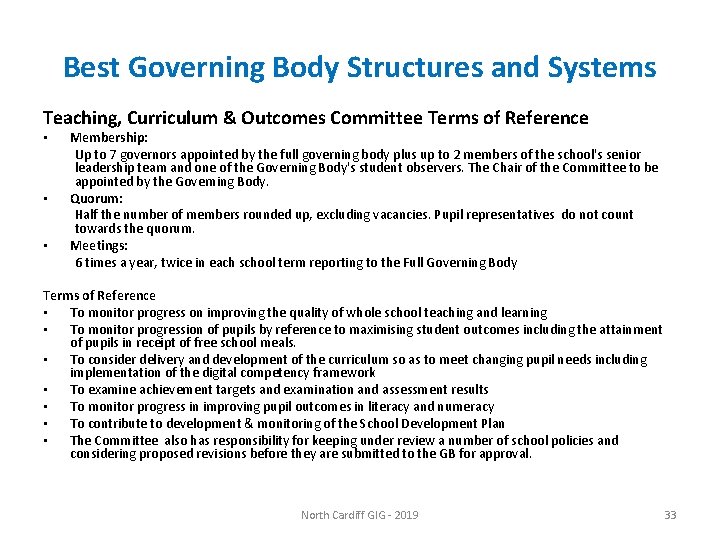 Best Governing Body Structures and Systems Teaching, Curriculum & Outcomes Committee Terms of Reference