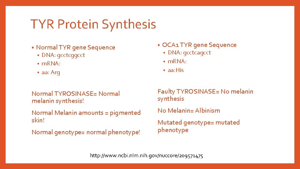 TYR Protein Synthesis • Normal TYR gene Sequence DNA: gcctcggcct • m. RNA: • TYR Protein Synthesis • Normal TYR gene Sequence DNA: gcctcggcct • m. RNA: •