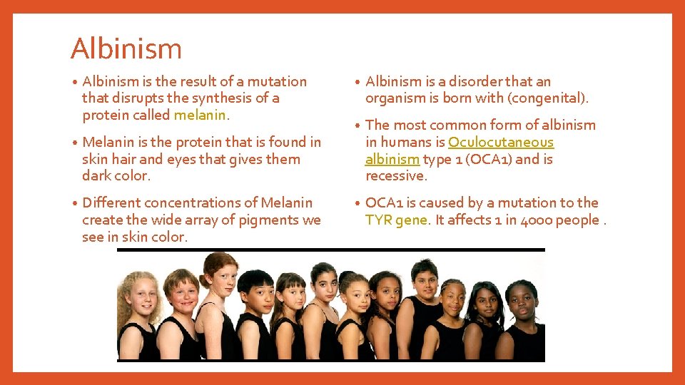 Albinism • Albinism is the result of a mutation that disrupts the synthesis of Albinism • Albinism is the result of a mutation that disrupts the synthesis of