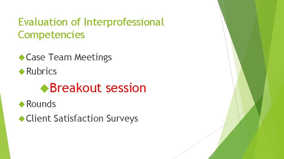 Evaluation of Interprofessional Competencies Case Team Meetings Rubrics Breakout session Rounds Client Satisfaction Surveys