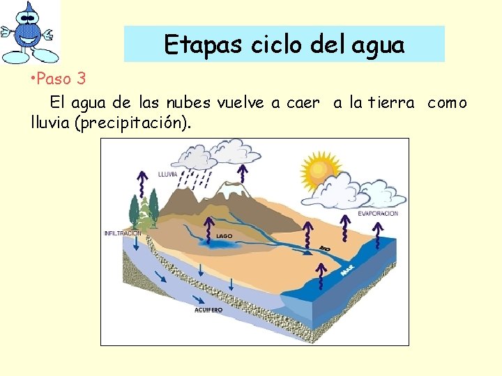 Etapas ciclo del agua • Paso 3 El agua de las nubes vuelve a