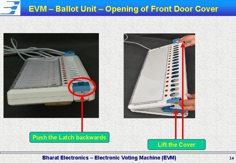 EVM – Ballot Unit – Opening of Front Door Cover Push the Latch backwards