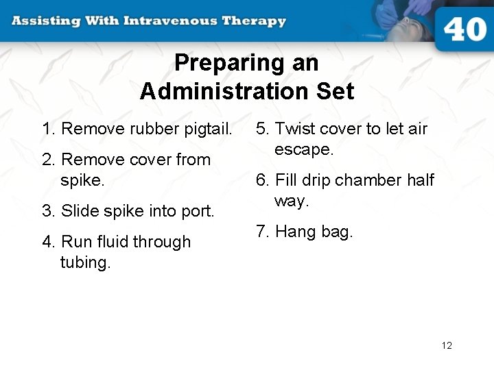 Preparing an Administration Set 1. Remove rubber pigtail. 2. Remove cover from spike. 3.