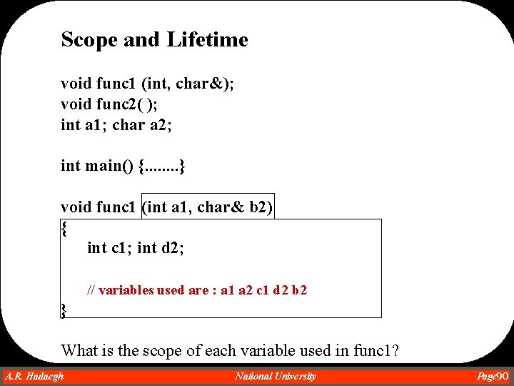 Scope and Lifetime void func 1 (int, char&); void func 2( ); int a Scope and Lifetime void func 1 (int, char&); void func 2( ); int a