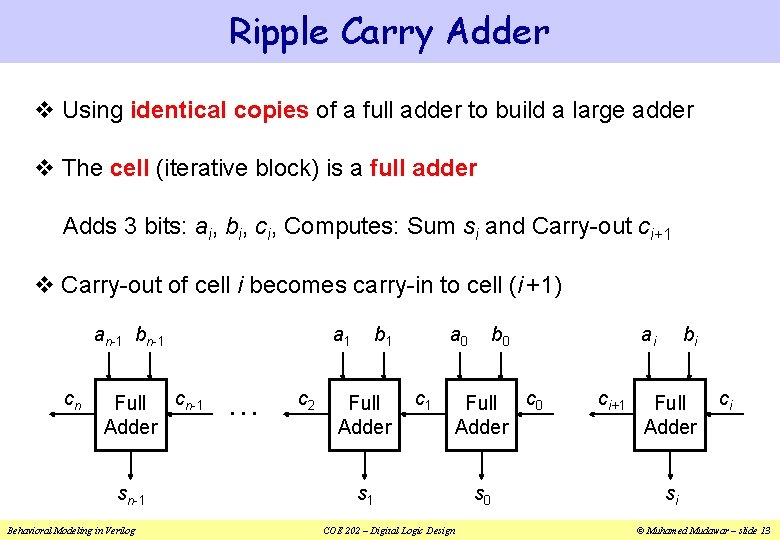 Ripple Carry Adder v Using identical copies of a full adder to build a Ripple Carry Adder v Using identical copies of a full adder to build a