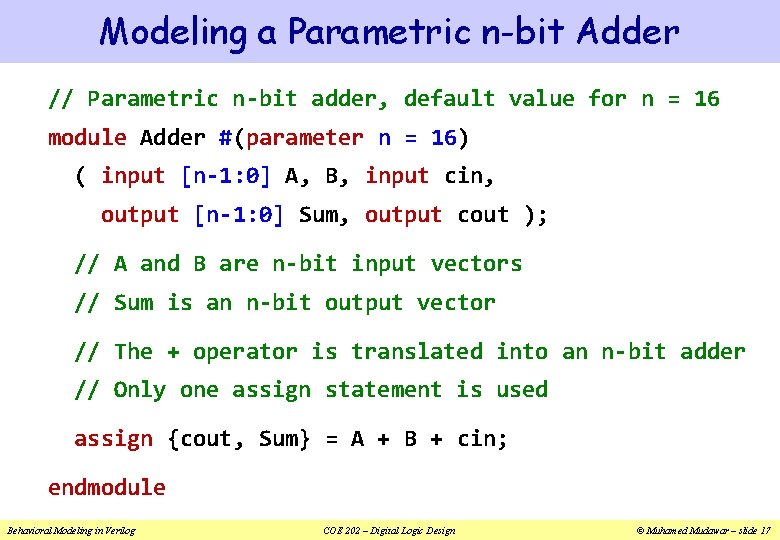 Modeling a Parametric n-bit Adder // Parametric n-bit adder, default value for n = Modeling a Parametric n-bit Adder // Parametric n-bit adder, default value for n =