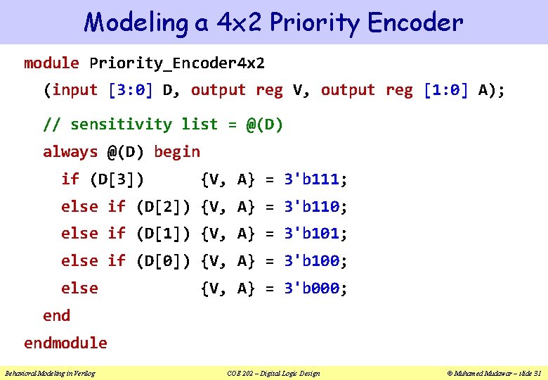 Modeling a 4 x 2 Priority Encoder module Priority_Encoder 4 x 2 (input [3: