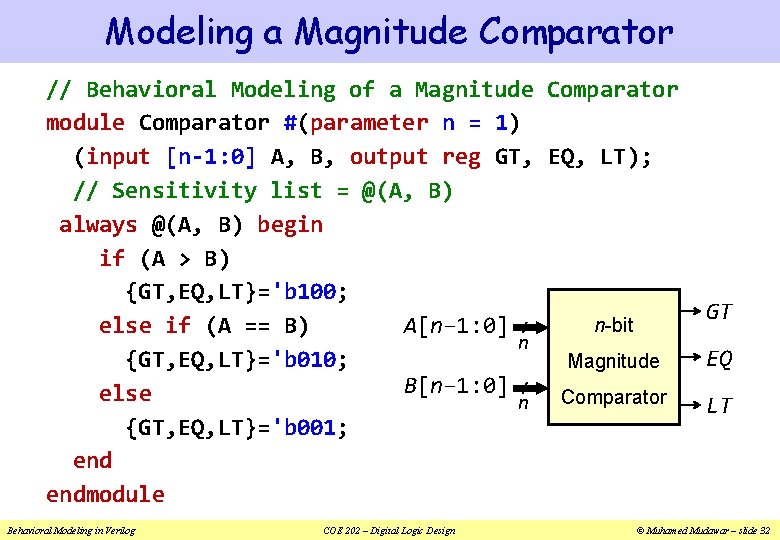 Modeling a Magnitude Comparator // Behavioral Modeling of a Magnitude Comparator module Comparator #(parameter