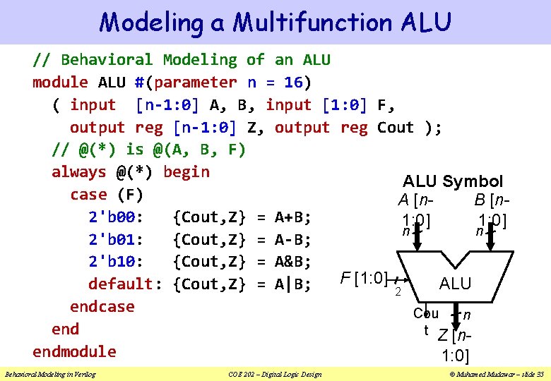 Modeling a Multifunction ALU // Behavioral Modeling of an ALU module ALU #(parameter n
