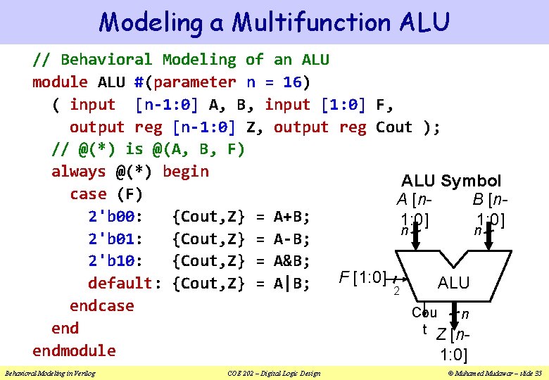 Modeling a Multifunction ALU // Behavioral Modeling of an ALU module ALU #(parameter n Modeling a Multifunction ALU // Behavioral Modeling of an ALU module ALU #(parameter n
