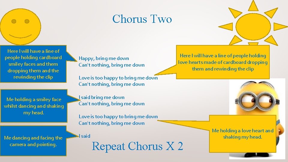 Chorus Two Here I will have a line of people holding cardboard smiley faces