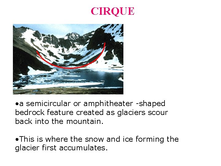 CIRQUE • a semicircular or amphitheater -shaped bedrock feature created as glaciers scour back