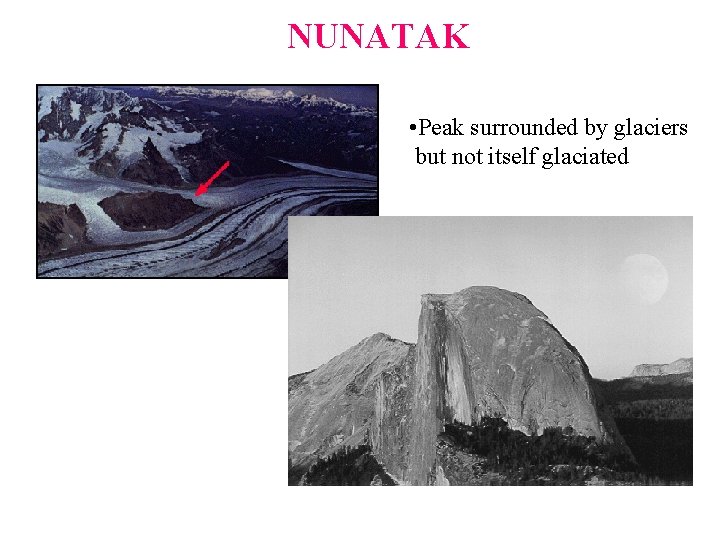 NUNATAK • Peak surrounded by glaciers but not itself glaciated 
