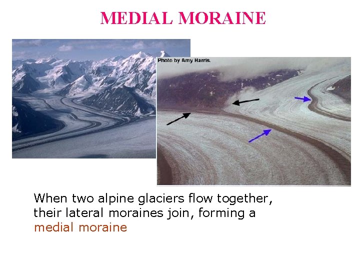 MEDIAL MORAINE When two alpine glaciers flow together, their lateral moraines join, forming a