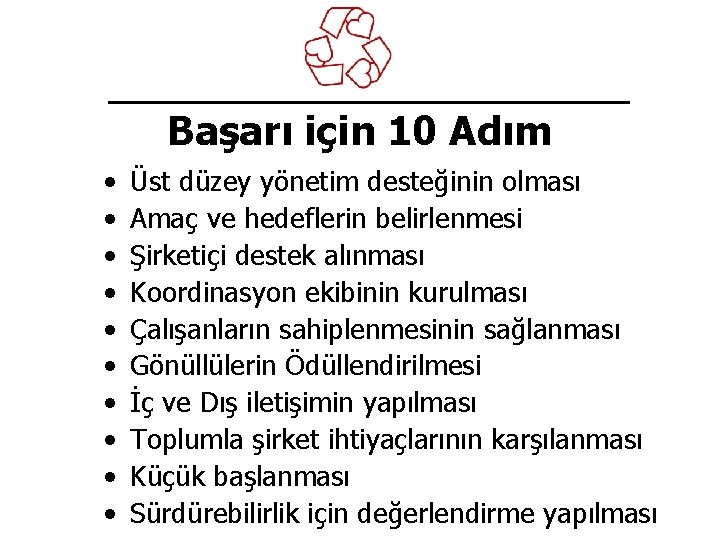 Başarı için 10 Adım • • • Üst düzey yönetim desteğinin olması Amaç ve