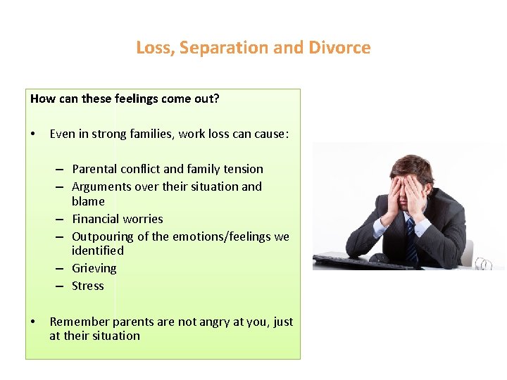Loss, Separation and Divorce How can these feelings come out? • Even in strong