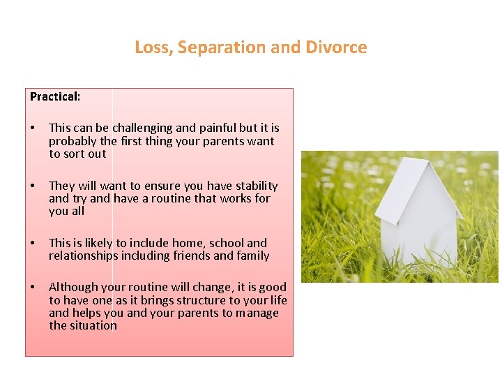 Loss, Separation and Divorce Practical: • This can be challenging and painful but it