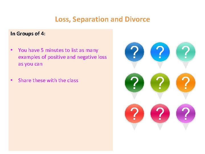 Loss, Separation and Divorce In Groups of 4: • You have 5 minutes to