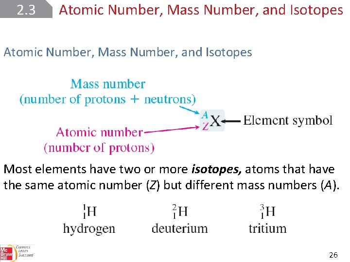 2. 3 Atomic Number, Mass Number, and Isotopes Most elements have two or more
