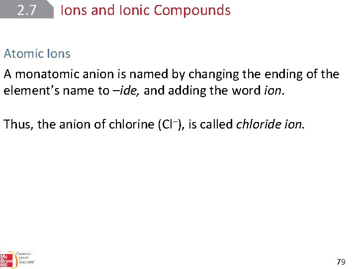 2. 7 Ions and Ionic Compounds Atomic Ions A monatomic anion is named by