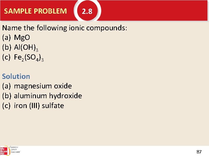 SAMPLE PROBLEM 2. 8 Name the following ionic compounds: (a) Mg. O (b) Al(OH)3