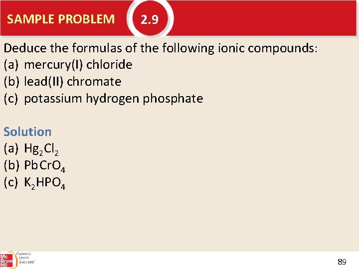 SAMPLE PROBLEM 2. 9 Deduce the formulas of the following ionic compounds: (a) mercury(I)