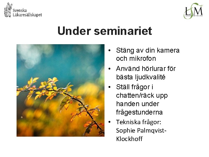 Under seminariet • Stäng av din kamera och mikrofon • Använd hörlurar för bästa