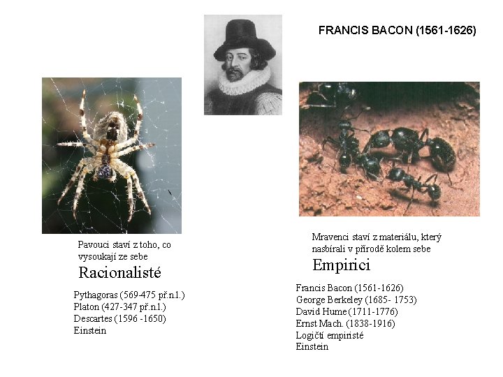 FRANCIS BACON (1561 -1626) Pavouci staví z toho, co vysoukají ze sebe Racionalisté Pythagoras