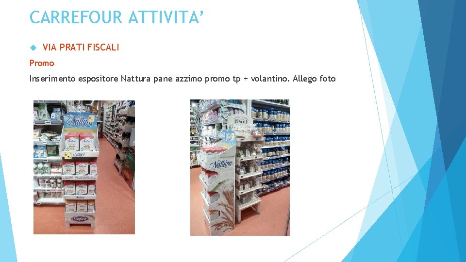 CARREFOUR ATTIVITA’ VIA PRATI FISCALI Promo Inserimento espositore Nattura pane azzimo promo tp +