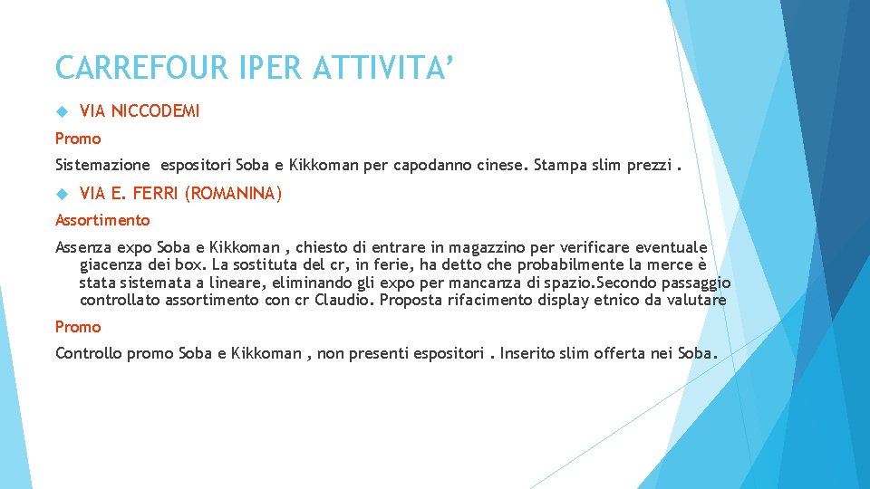 CARREFOUR IPER ATTIVITA’ VIA NICCODEMI Promo Sistemazione espositori Soba e Kikkoman per capodanno cinese.