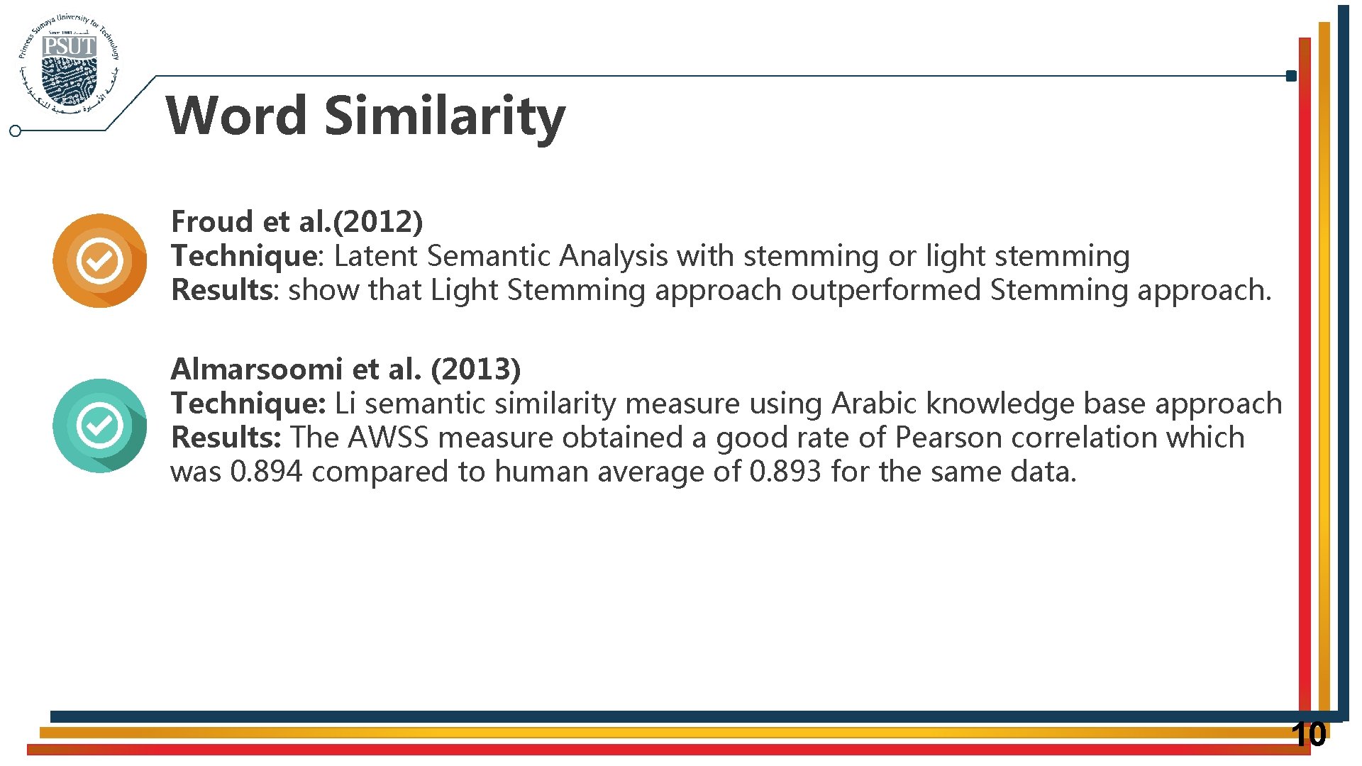Word Similarity Froud et al. (2012) Technique: Latent Semantic Analysis with stemming or light