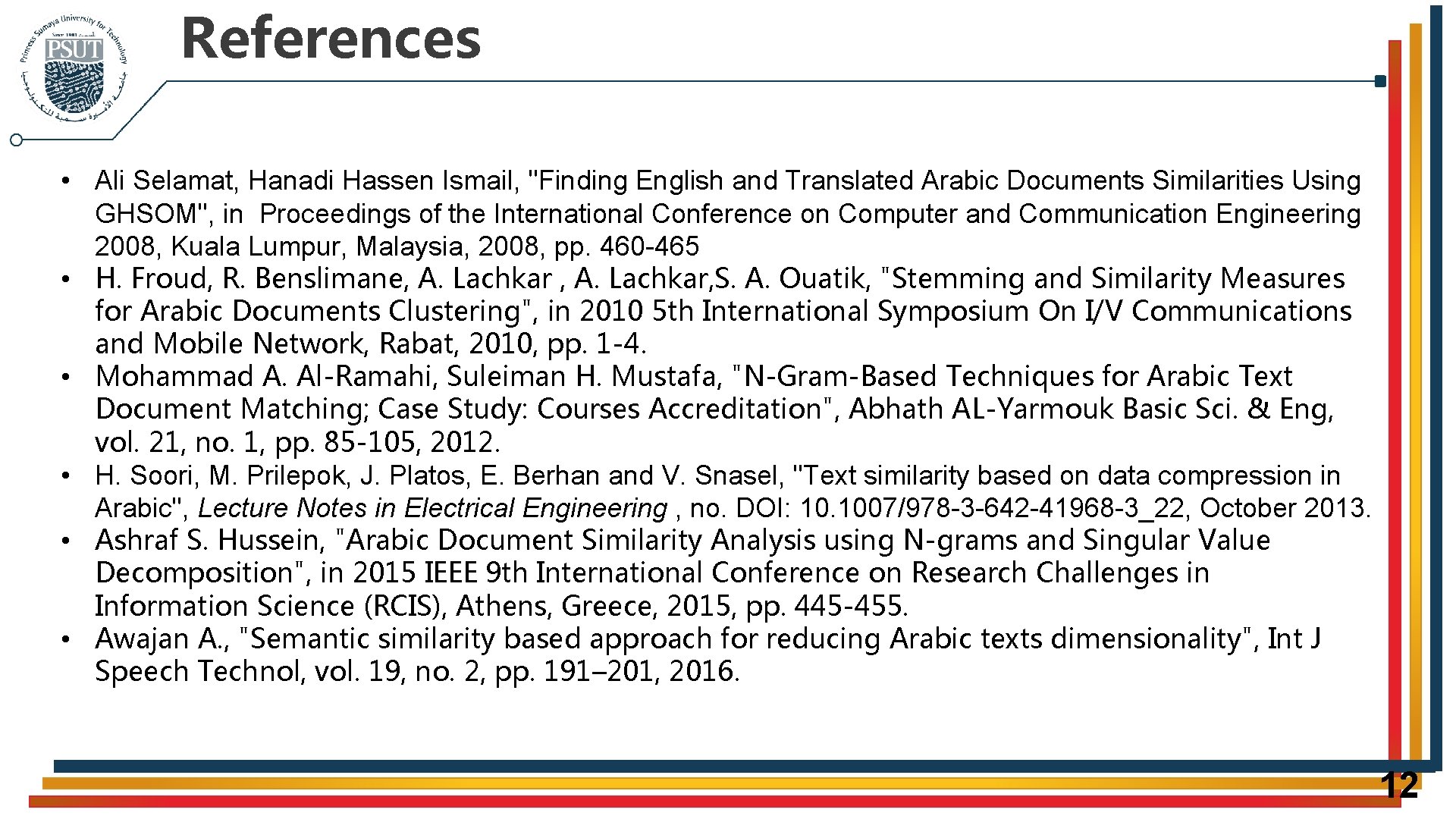 References • Ali Selamat, Hanadi Hassen Ismail, "Finding English and Translated Arabic Documents Similarities