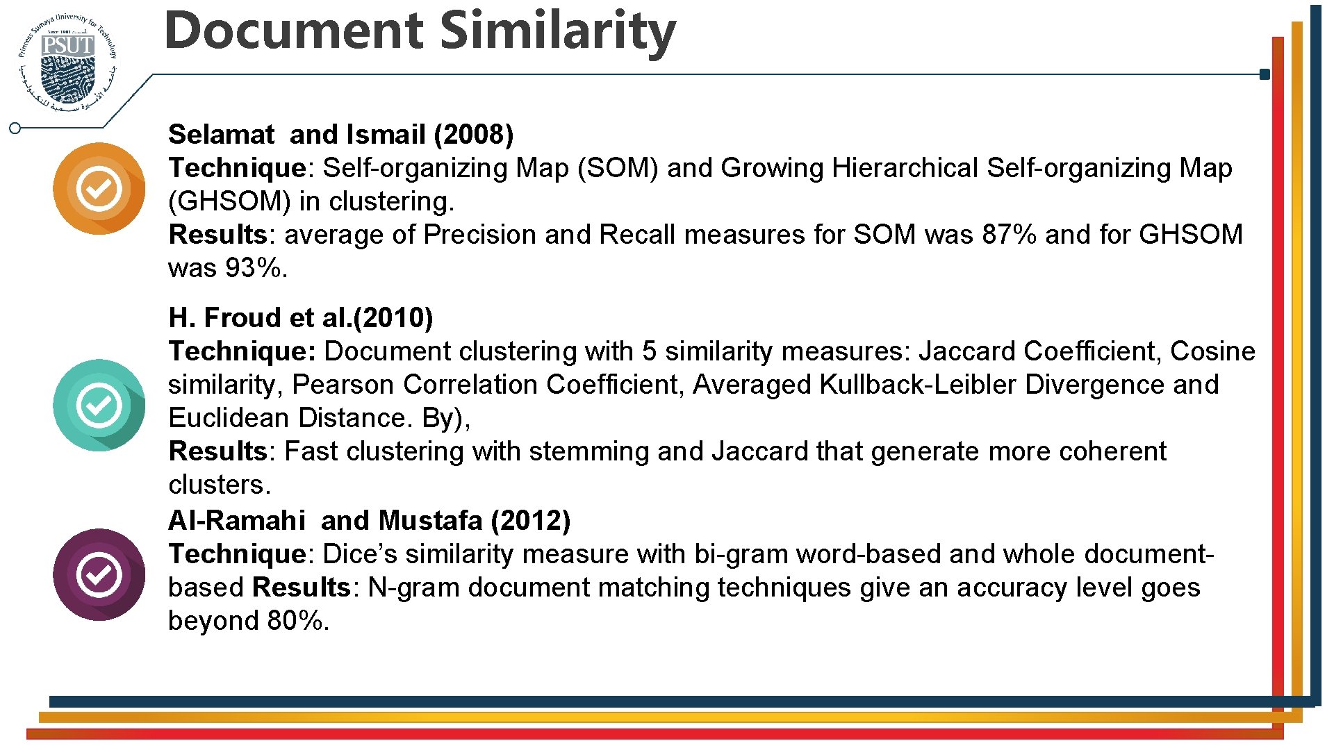 Document Similarity Selamat and Ismail (2008) Technique: Self-organizing Map (SOM) and Growing Hierarchical Self-organizing
