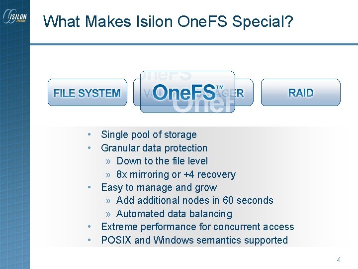 What Makes Isilon One. FS Special? • Single pool of storage • Granular data What Makes Isilon One. FS Special? • Single pool of storage • Granular data